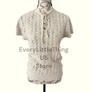 Vintage Knit Top S Crochet Tie Neck Keyhole Summer Short Sleeve Nan Dorsey Retro